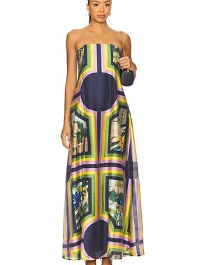 MUMA World Strapless Printed Maxi Dress in Navy, Green & Purple- looking glass